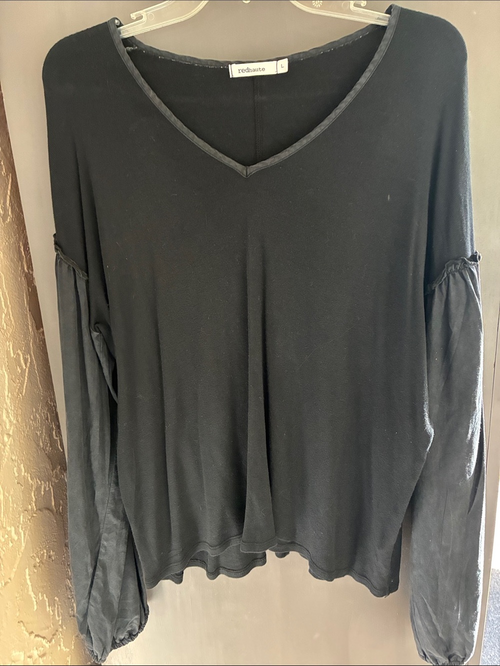 Red Haute Black V-Neck mixed media  Balloon Sleeve Top
